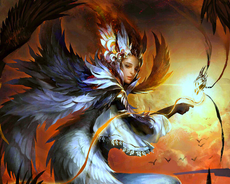 Woman with Feathered Wings — Orange, Dramatic