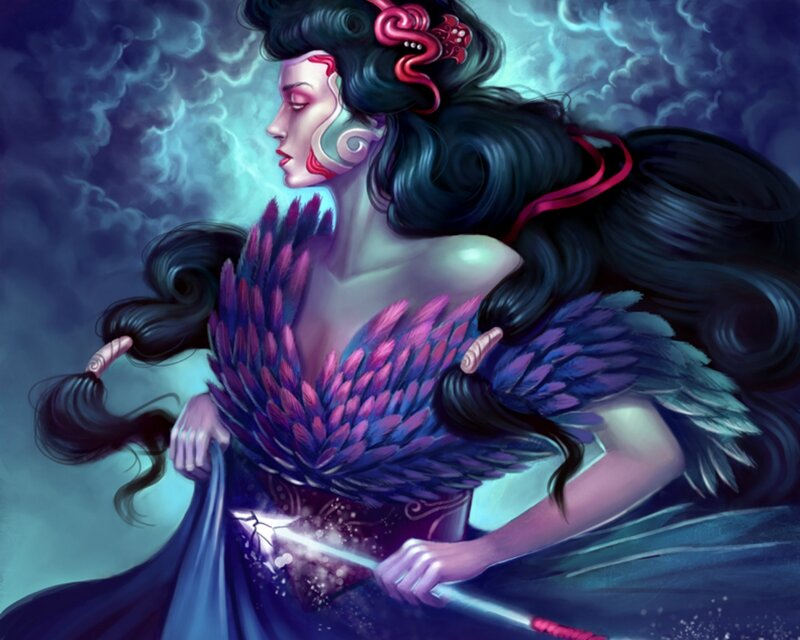 Woman with Feathered Wings — Purple, Dramatic, Night, Digital Art