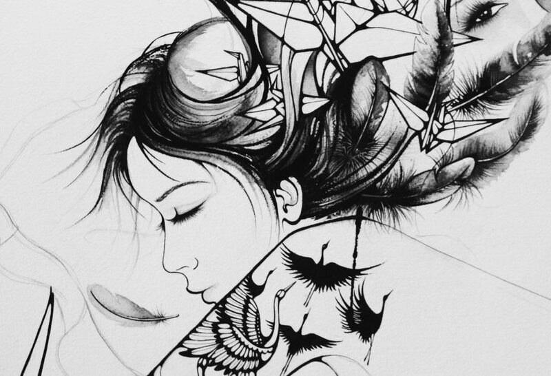 woman with feathers and birds