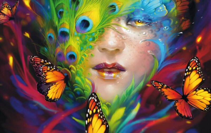 Woman with Feathers and Butterflies