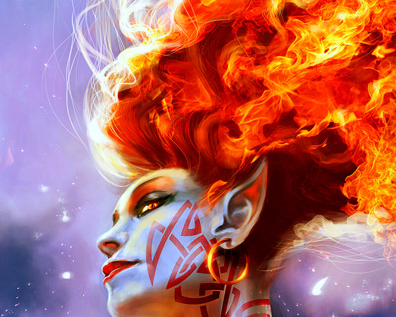 Woman with Fiery Hair — Orange, Dramatic, Digital Art, Fire, Tattoo