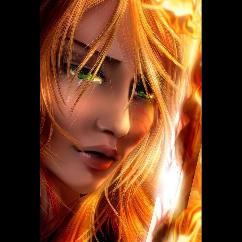 Woman with Fiery Hair — Orange, Dramatic, Digital Art, Fire