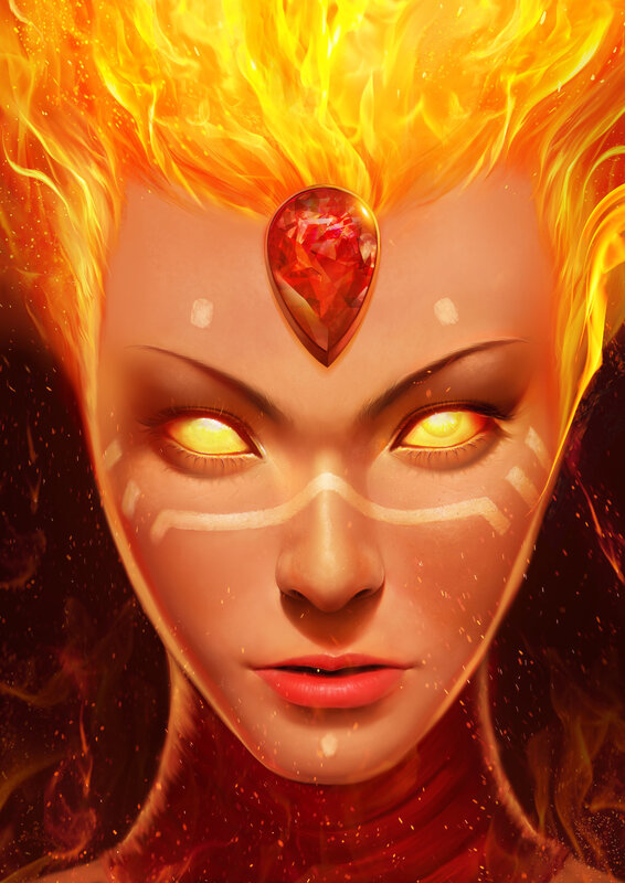 Woman with Fiery Hair — Orange, Dramatic, Digital Art, Flame