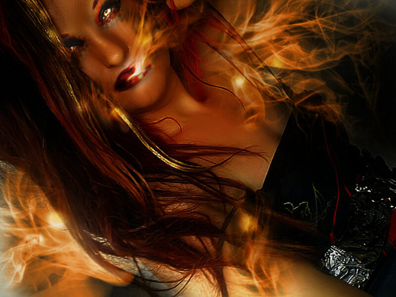 Woman with Fiery Hair — Orange, Dramatic, Digital Art