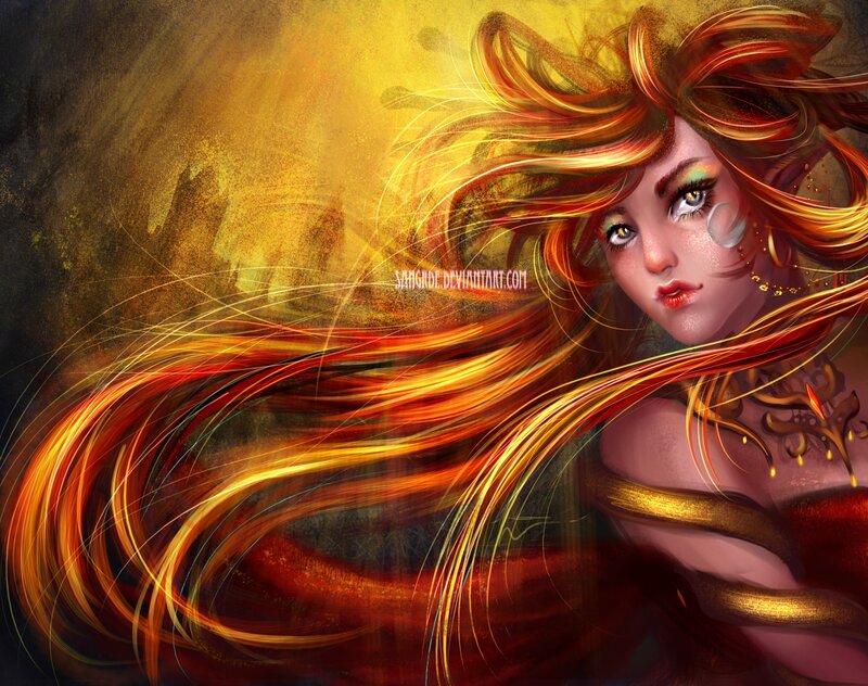 Woman with Fiery Hair — Red, Dramatic, Digital Art, Eyes