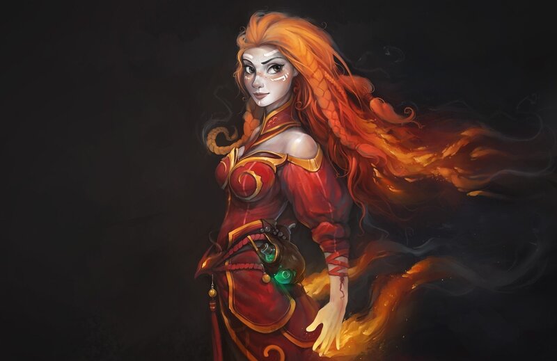 Woman with Fiery Hair — Red, Dramatic, Digital Art, Fire, Magic, Armor