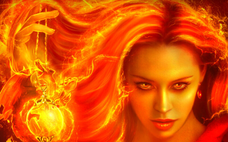 Woman with Fiery Hair — Red, Dramatic, Digital Art, Fire, Pendant