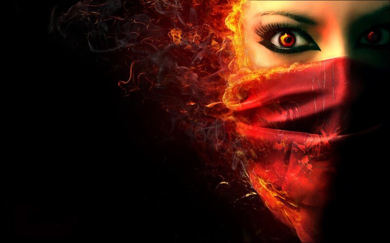Woman with Fiery Mask — Red, Dramatic, Digital Art