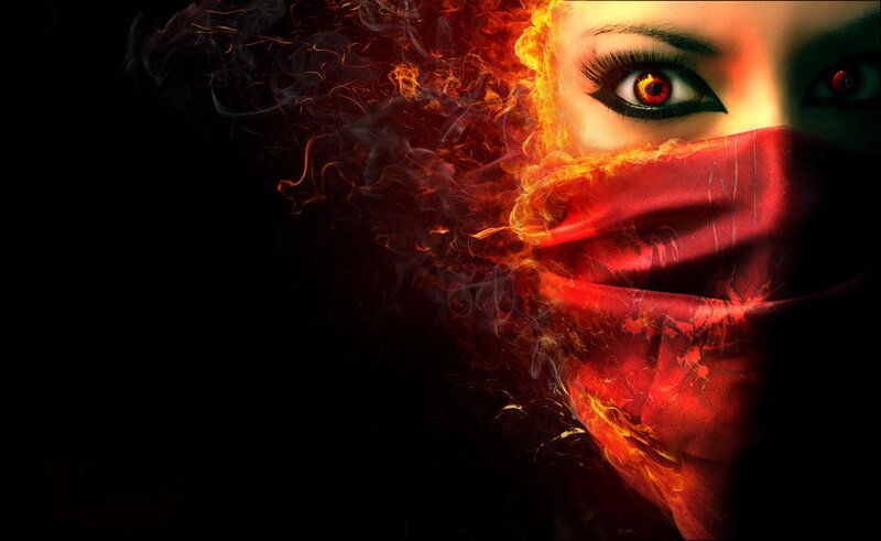 Woman with Fiery Mask — Red, Dramatic