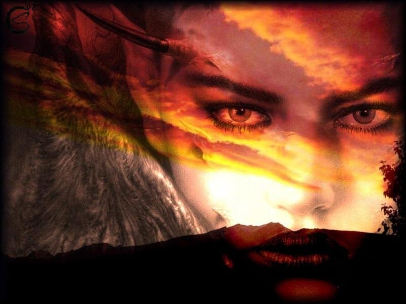 woman with fiery sky overlay