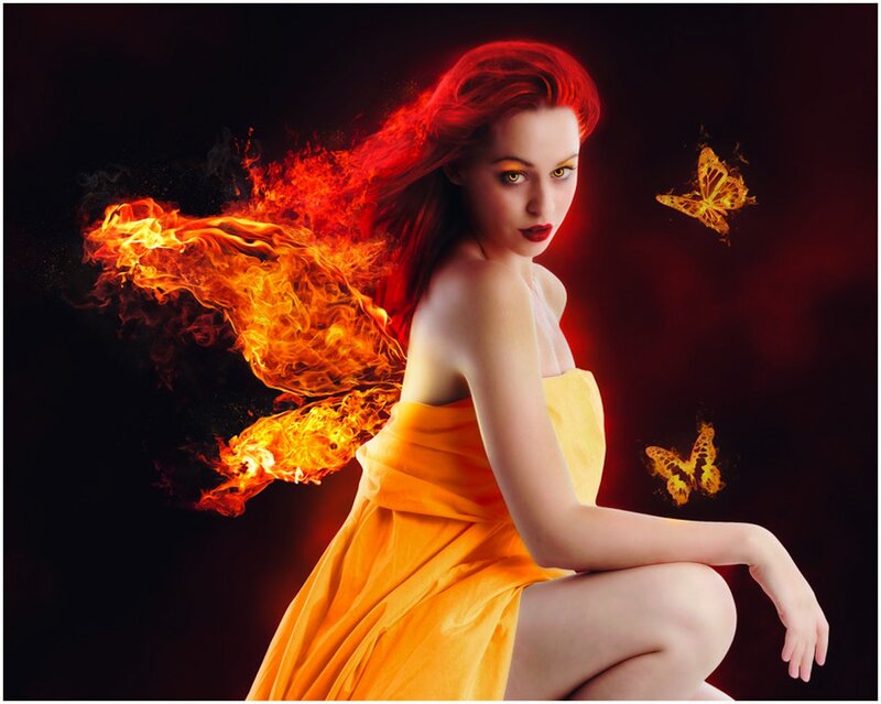 Woman with Fiery Wings — Red, Dramatic
