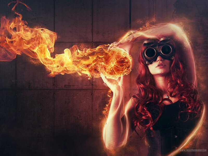 woman with fire and goggles