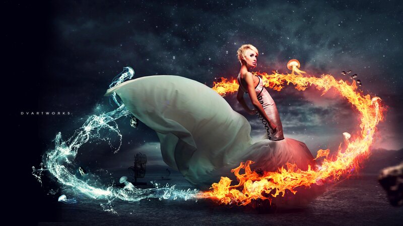 woman with fire and water effects