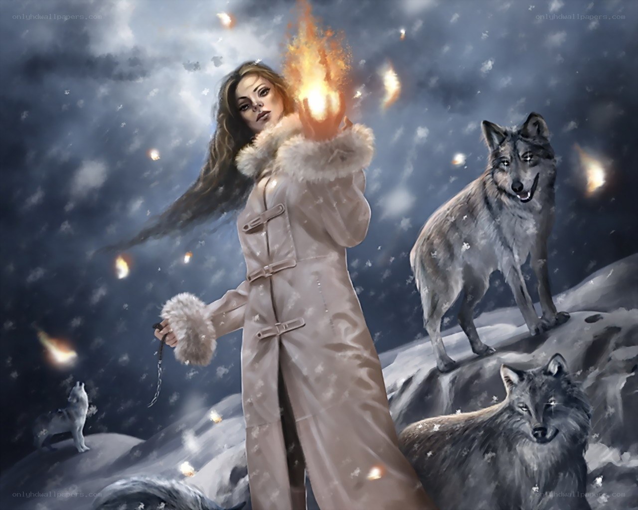Woman with fire and wolves