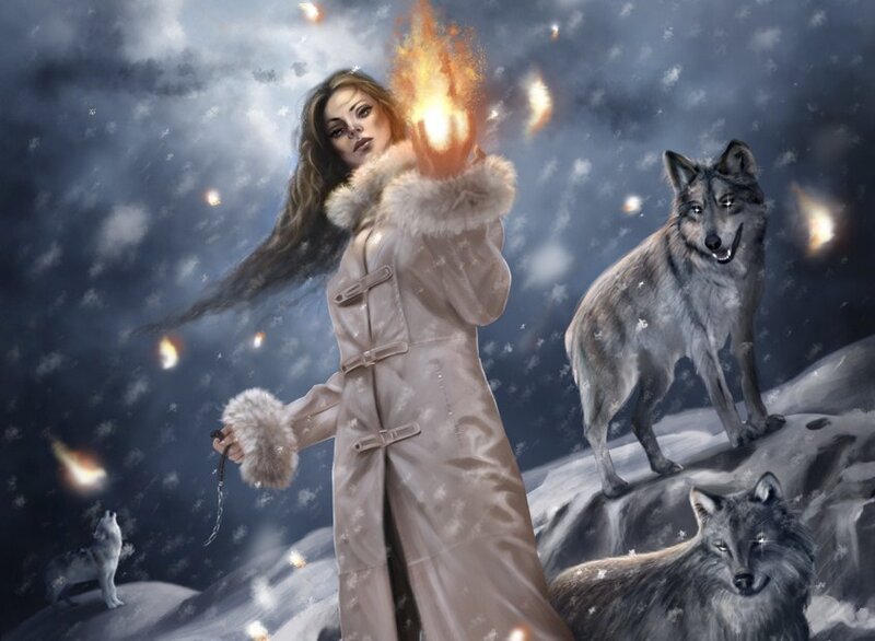 Woman with fire and wolves