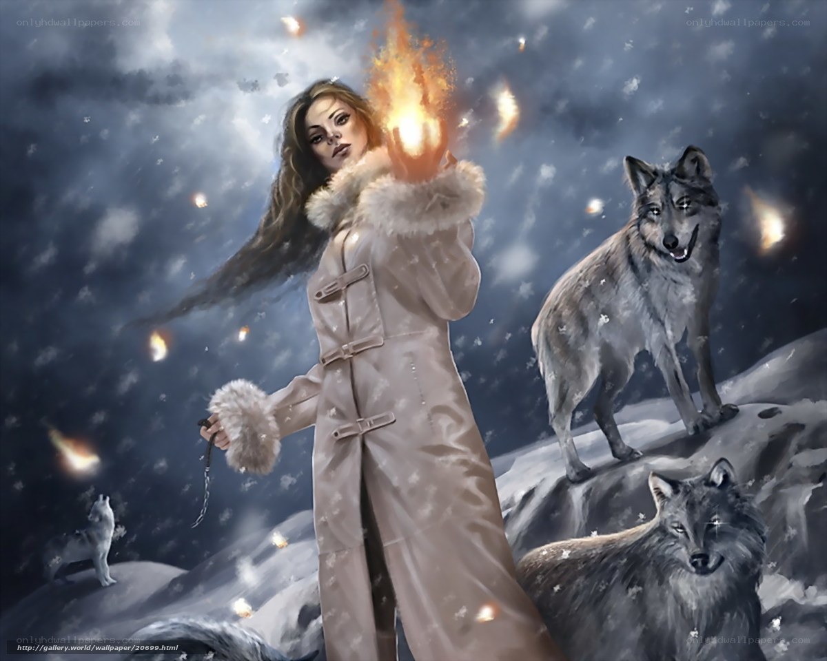 Woman with fire and wolves