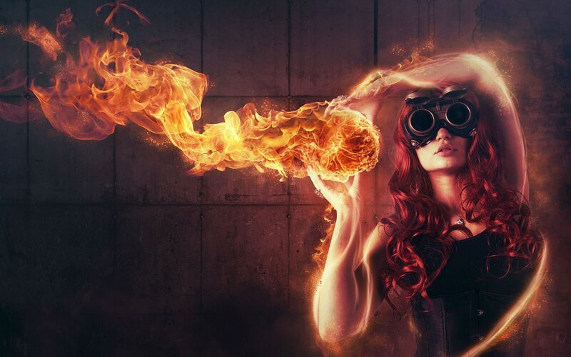 Woman with Fire Breath — Red, Dramatic, Digital Art, Goggles