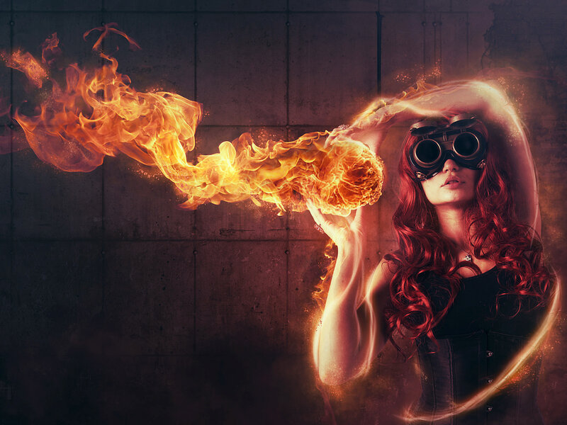 Woman with Fire Breath — Red, Dramatic