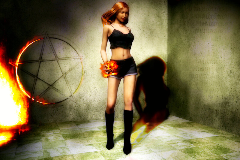 Woman with fire in a ritual room