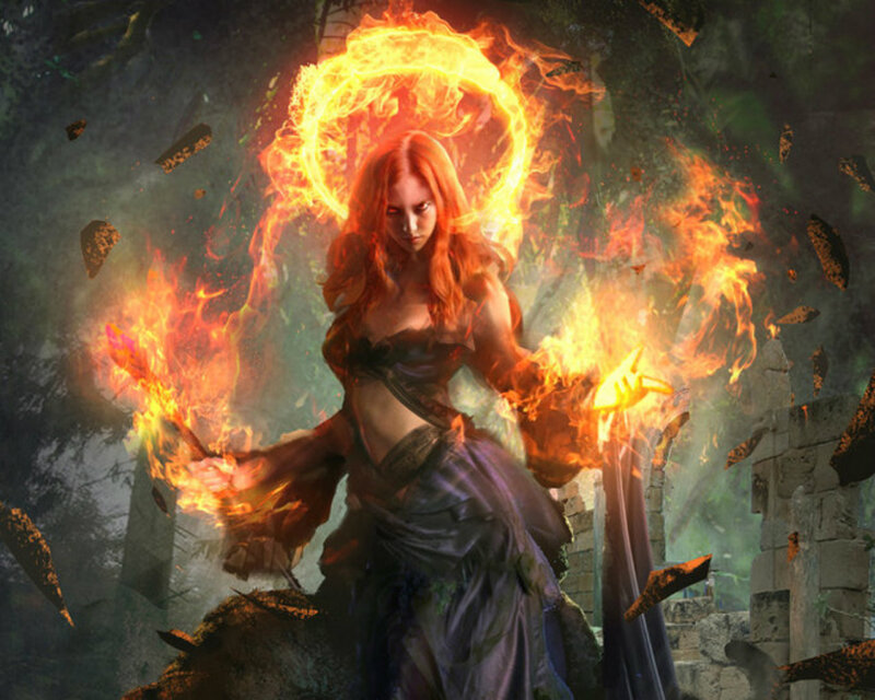 Woman with Fire Magic — Orange, Dramatic, Digital Art, Ruins