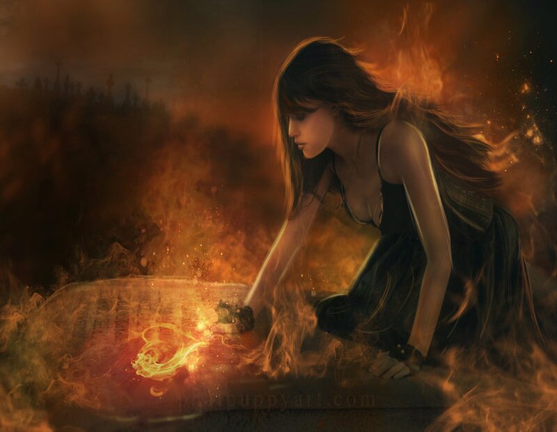 Woman with Fire Magic — Orange, Dramatic