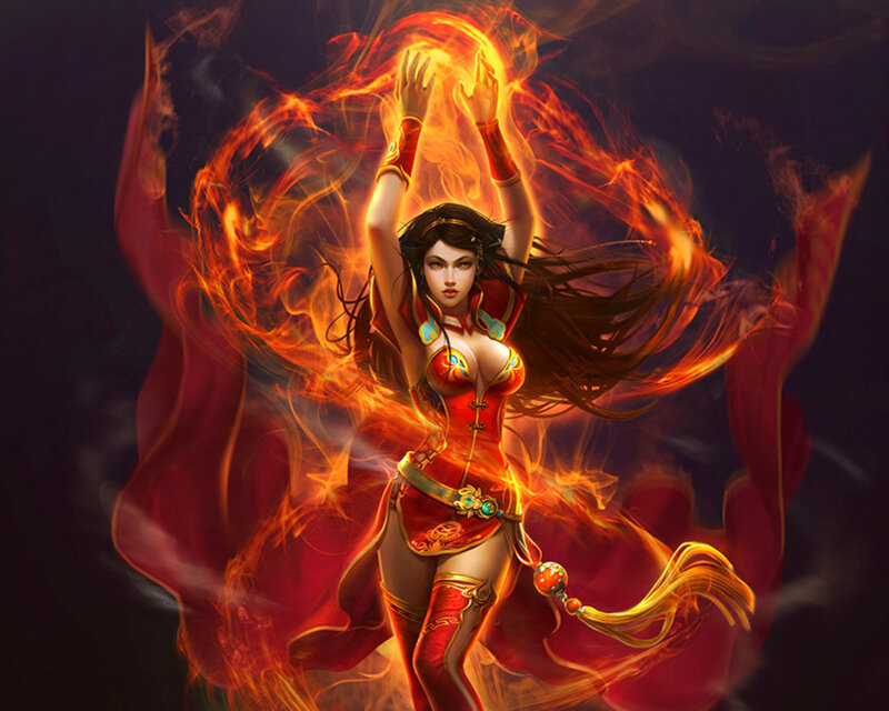 Woman with Fire Magic — Red, Dramatic, Digital Art, Long Hair