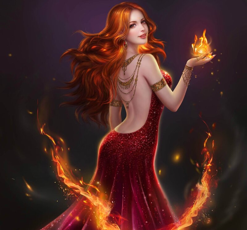 Woman with Fire Magic — Red, Dramatic, Night, Digital Art