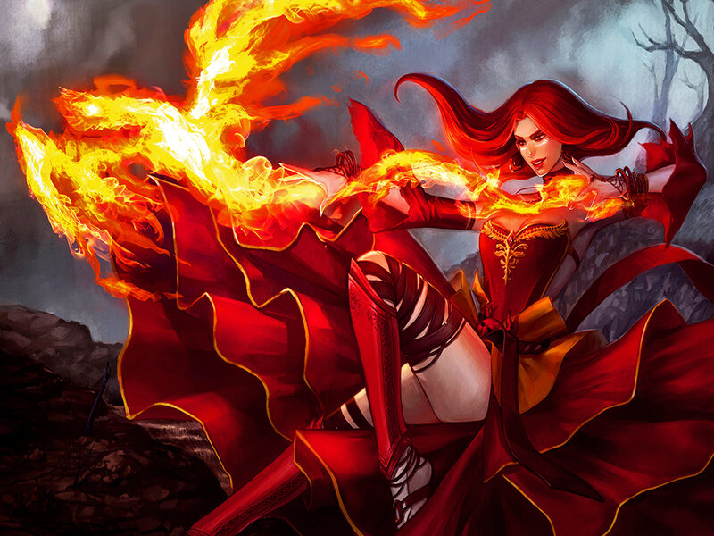 Woman with Fire Magic — Red, Dramatic, Night