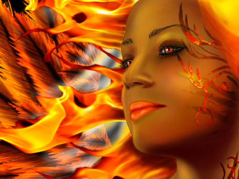 Woman with Fire Wings — Orange, Dramatic, Digital Art