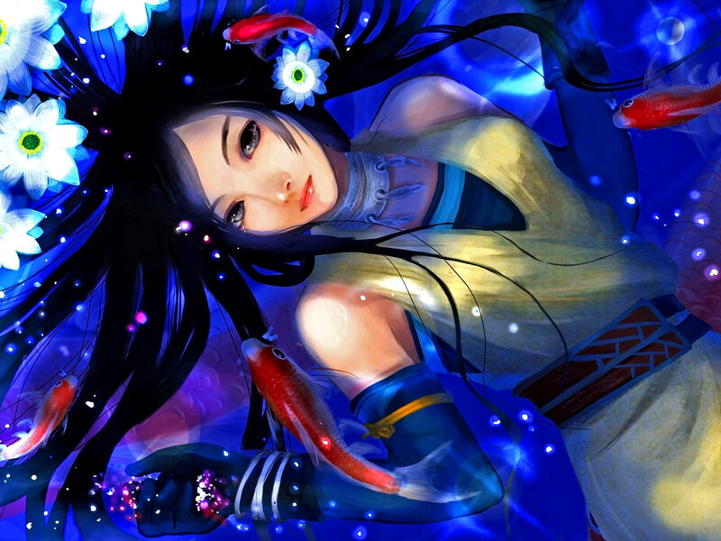 Woman with Fish and Flowers — Blue, Serene, Digital Art