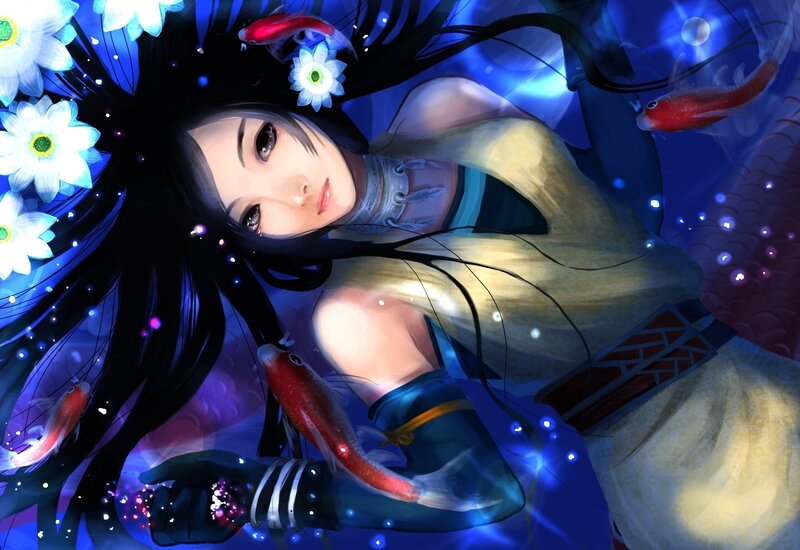 Woman with Fish and Flowers — Blue