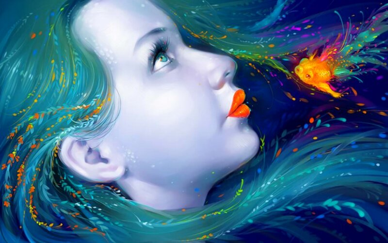 Woman with Fish — Blue, Dreamy