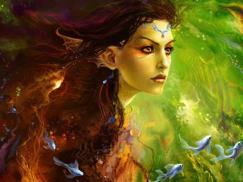 Woman with Fish — Green, Dramatic, Digital Art, Hair, Forehead Markings