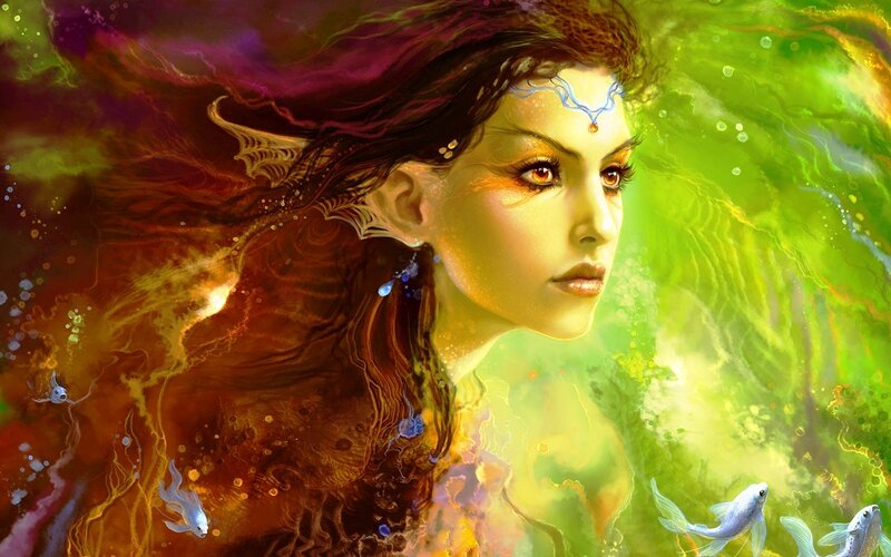 Woman with Fish — Green, Dramatic, Digital Art