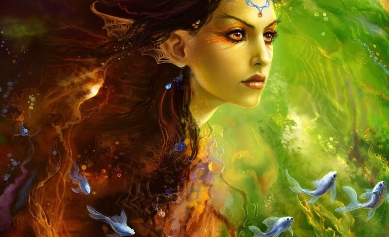 Woman with Fish — Green, Dramatic