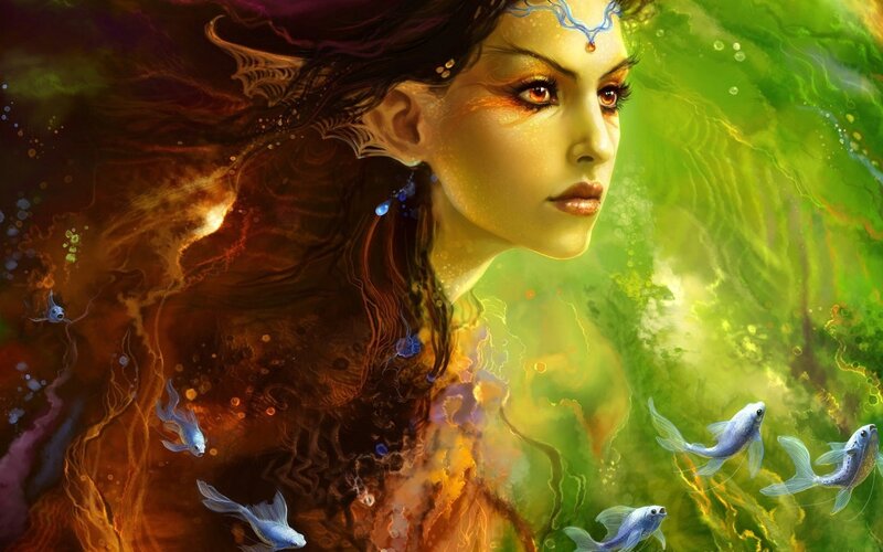 Woman with Fish — Green, Serene