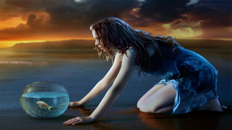 Woman with Fishbowl — Blue, Dramatic, Sunset, Digital Art