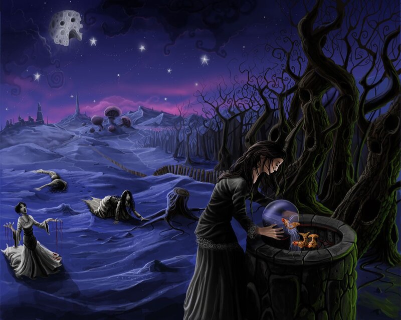 Woman with fishbowl in a dark forest