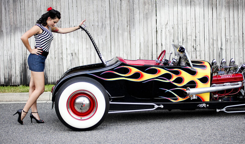 Woman with flame car