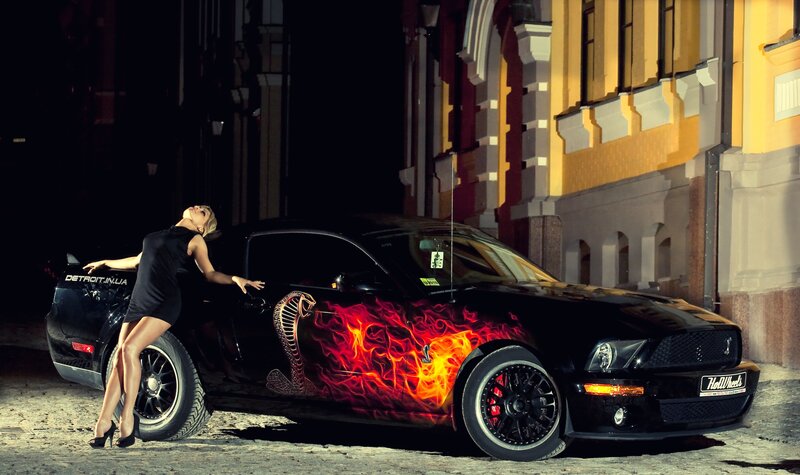 woman with flame-painted car