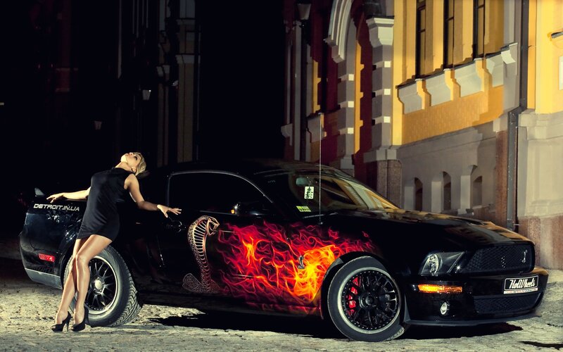 woman with flame-painted car