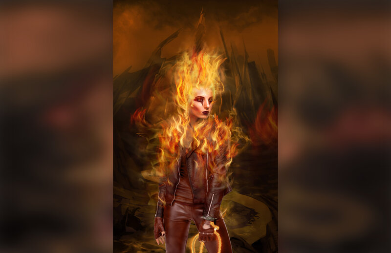 Woman with Flaming Hair — Orange, Dramatic, Digital Art, Fire, Leather Jacket