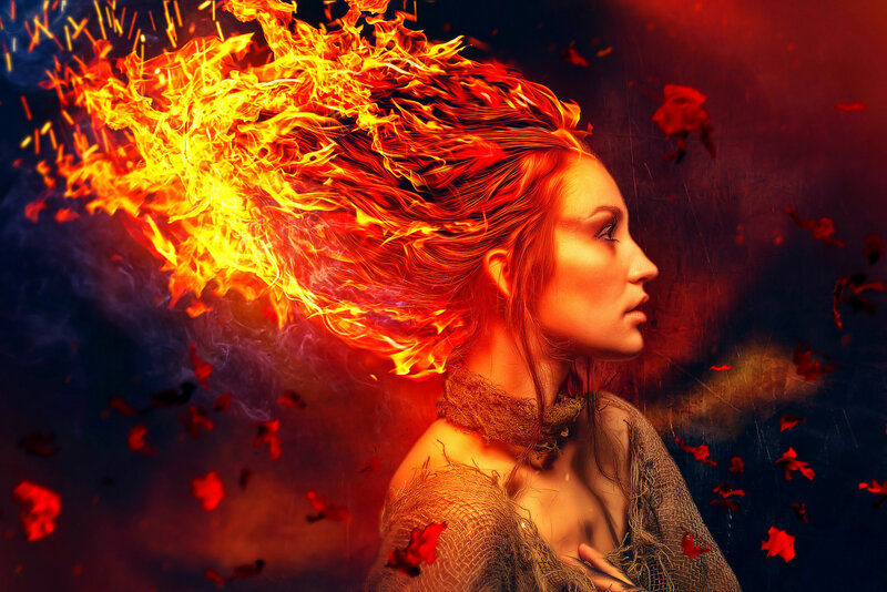 Woman with Flaming Hair — Red, Dramatic