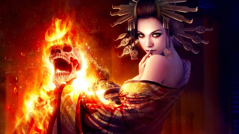 Woman with Flaming Skull — Red, Dramatic, Digital Art