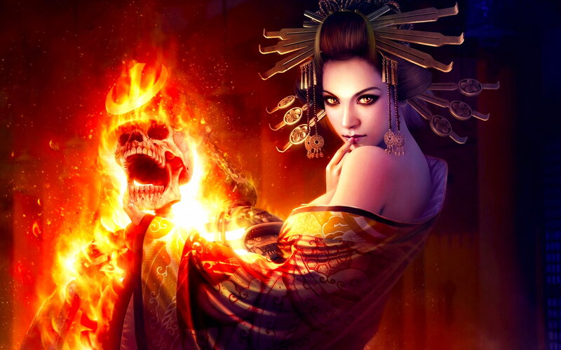 Woman with Flaming Skull