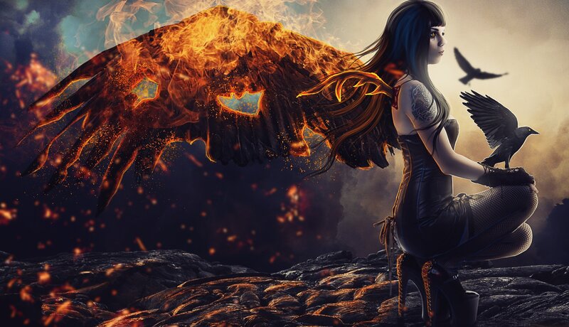 Woman with Flaming Wings — Black, Dramatic, Digital Art