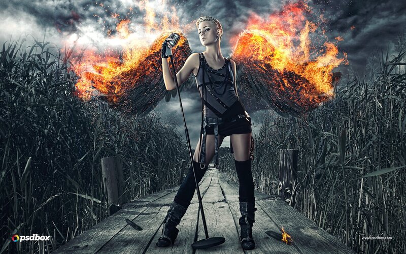 Woman with Flaming Wings — Black, Dramatic, Night
