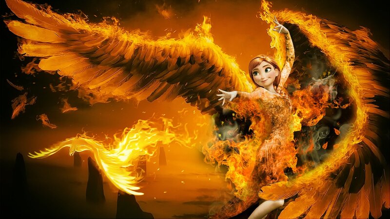 Woman with Flaming Wings — Orange, Dramatic, Digital Art