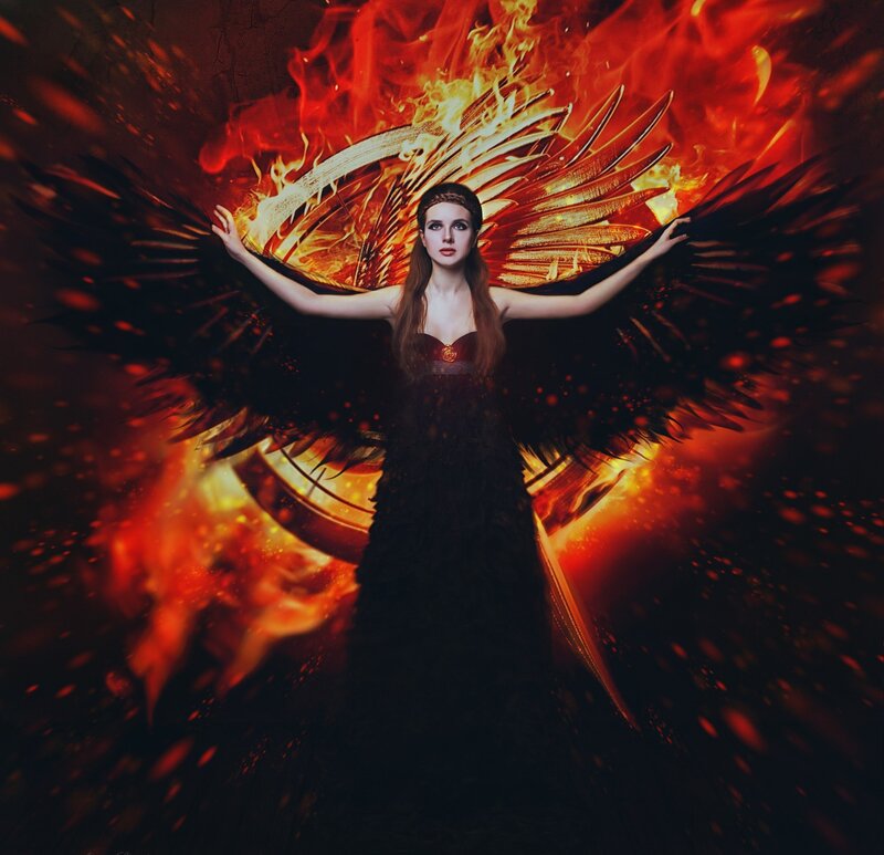 Woman with Flaming Wings — Red, Dramatic, Digital Art