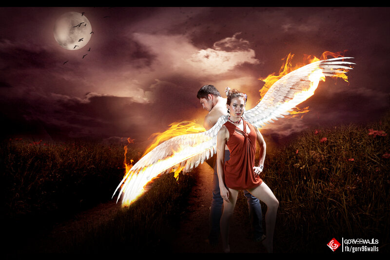 Woman with Flaming Wings — Red, Dramatic, Night